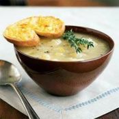 Golden Potato-Leek Soup with Cheddar Toasts
