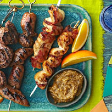 Grilled Chicken, Beef & Sausage Kabobs
