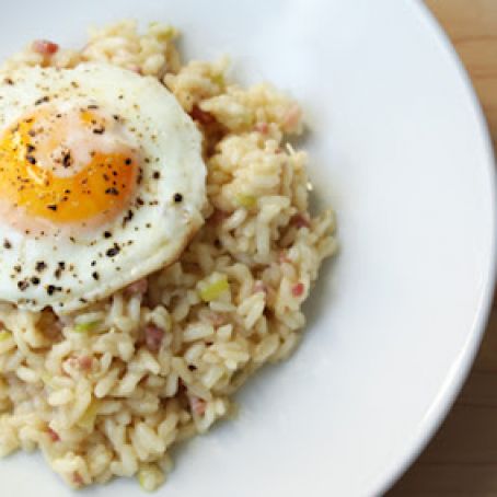 Leek and Pancetta Risotto with Fried Egg