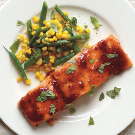 Barbecue-Glazed Salmon With Green Beans and Corn