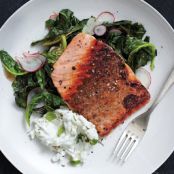 Pan-Roasted Salmon with Collards and Radish Raita