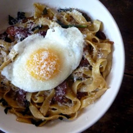 Fresh Fettucine with Bacon, Ramps and an Egg