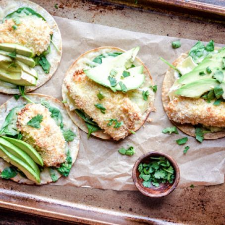 Crispy Coconut Chicken, Brie and Avocado Tostadas