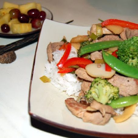 Asian Pork Strip Stir Fry with Pineapple, Blackberries and Raspberries