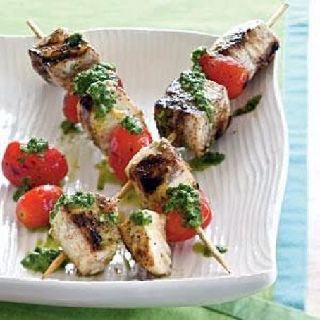 Swordfish Skewers with Cilantro-Mint Pesto