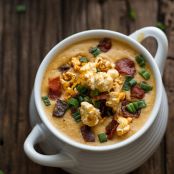 Cheddar Ale Soup with Chili Cheese Popcorn.