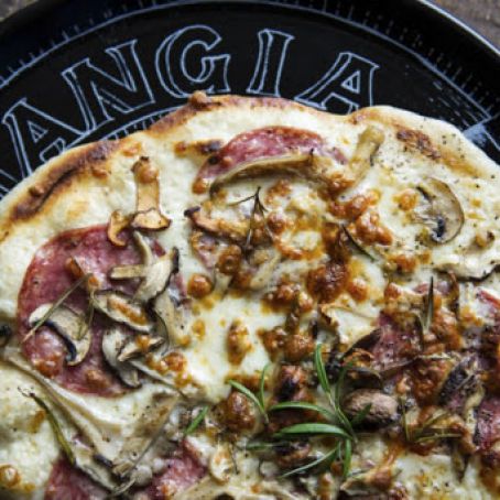 Rosemary, Mushroom and Salami Pizza with Garlic Béchamel Sauce