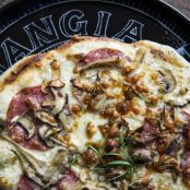 Rosemary, Mushroom and Salami Pizza with Garlic Béchamel Sauce