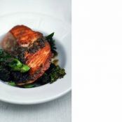 Pan-roasted salmon with purple sprouting broccoli and anchovy-rosemary sauce