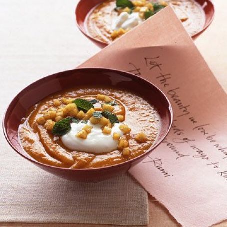 Roasted Sweet Potato Soup with Curried Apples
