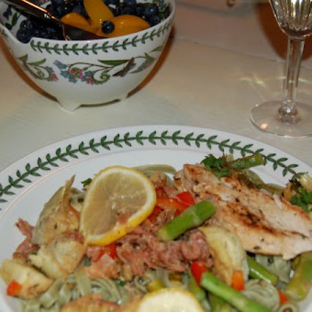 Chicken with  Artichokes, Asparagus and Prosciutto over Spinach Fettucini with Peaches and Blueberri