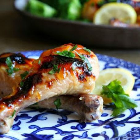 Apricot-Glazed Drumsticks with Broccoli