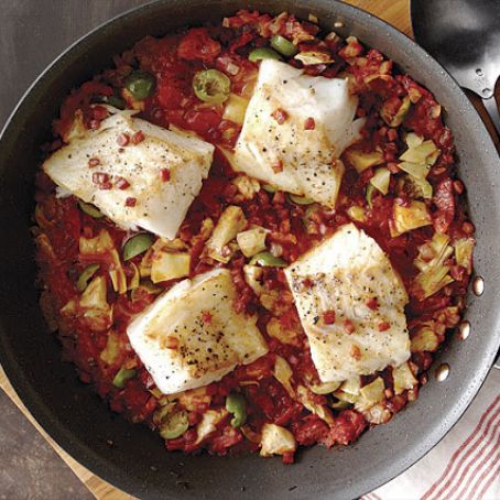 Cod with Pancetta, Artichokes, and Olives