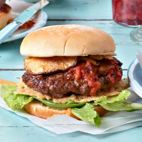 Mushroom Topped Burgers with Slow-Roasted Tomato Ketchup