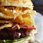 White BBQ Bacon Burger with Crispy Onion Strings
