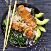 FISH - TERIYAKI SALMON RICE BOWL with SPINACH and AVOCADO