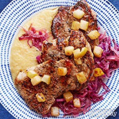 Seared Pork with Polenta, Braised Red Cabbage & Pears