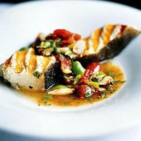 Grilled Halibut with Lima Bean and Roasted Tomato Sauce