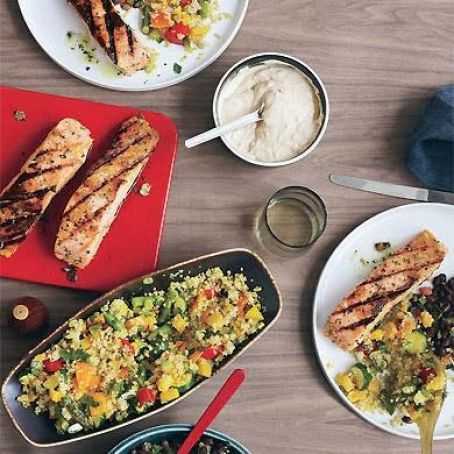 GRILLED SALMON w/BLACK BEANS & PIMENTO MAYO