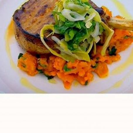 Spiced pork chops with crushed sweet potatoes