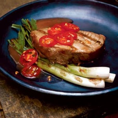 Tuna Steaks with Grilled Scallions and Tomatoes