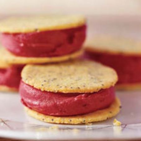 Lemon-Poppy Polenta Cookie and Huckleberry Sorbet Sandwiches