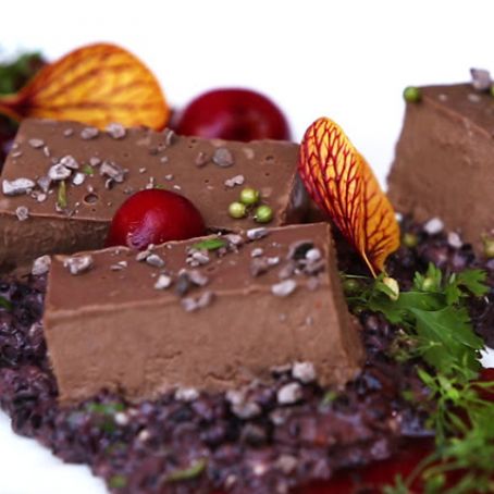Chocolate Mousse with Black Rice Porridge and Spice-Poached Sour Cherries