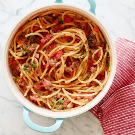 One-Pot Bucatini Bolognese