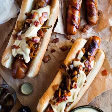 BACON WRAPPED HOT DOGS WITH CHEESE SAUCE