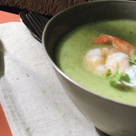 Chilled Zucchini Soup with Lemon-Cumin Shrimp and Cilantro Cream