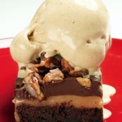 Layered Brownies with White-Chocolate Caramel and Cacao Nib Gelato
