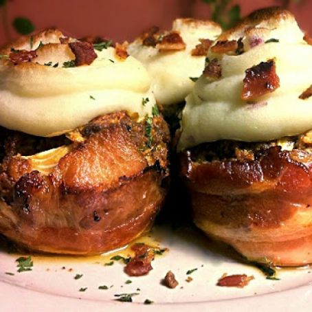 Bacon Wrapped Meatloaf Cupcakes with Mashed Potato Topping
