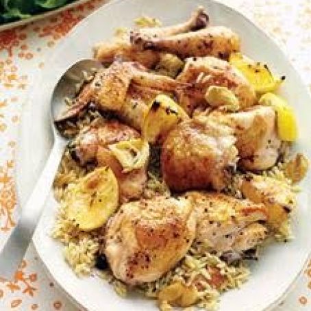 Lemon-Roasted Chicken with Arugula Salad and Dilled Orzo