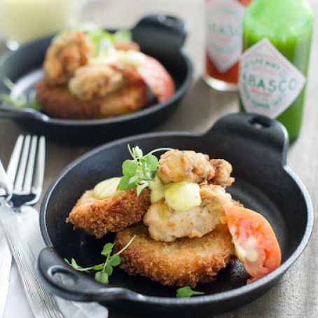 Fried Heirloom Tomatoes with Buttermilk Fried Oysters and Green Pepper Aioli