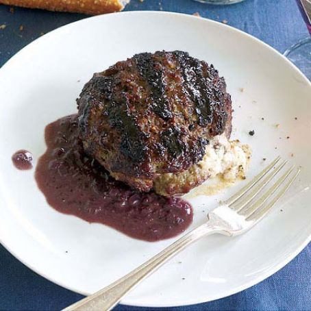 Stuffed Blue Cheese Burgers with Pickled Mushrooms and Red Onion