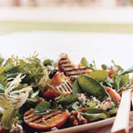 Salad of Mixed Greens with Grilled Peaches and Cabrales Cheese