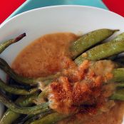 creamy caramelized onion gravy over roasted snap peas and green beans