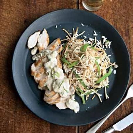 Chicken with Tarragon Cream and Green Bean Rice Pilaf