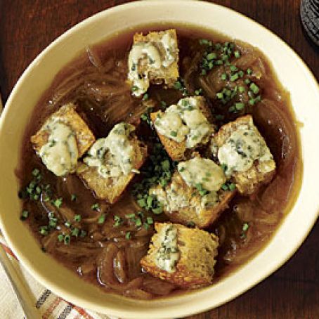 Onion and Ale Soup with Blue Cheese Croutons