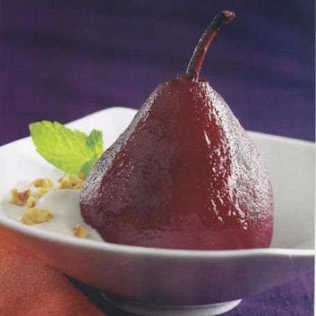 Red Wine-Poached Pears with vanilla cream and toasted walnuts