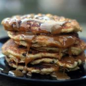 Banana Chocolate Chip Pancakes with Peanut Butter Syrup