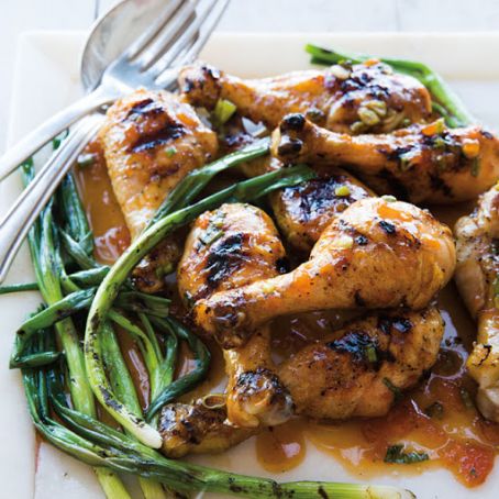 Apricot-Sriracha Drumsticks with Green Onions