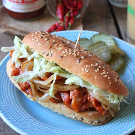 BBQ Pulled Jackfruit Sandwich with 'Slaw & Caramelized Onions (VEGAN, SOY FREE)