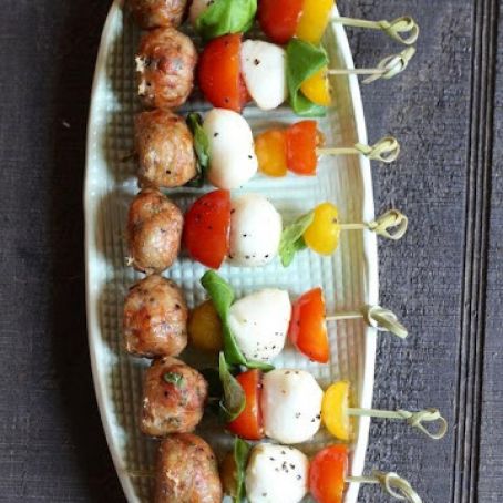 Caprese Chicken Meatball Skewers with Spinach Almond Pesto