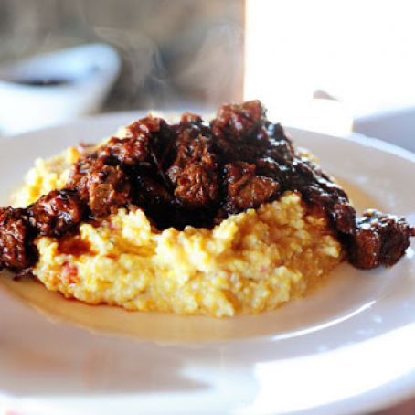Spicy Stewed Beef with Creamy Cheddar Grits