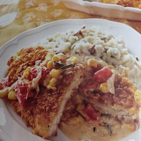 Corn Flake Cutlets with Bourbon Corn Gravy and Sour Cream and Chive Mash