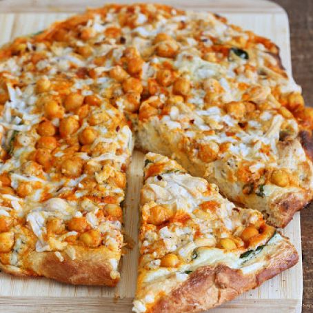 Buffalo Chickpea Pizza with White Garlic Sauce and Celery Ranch Dressing