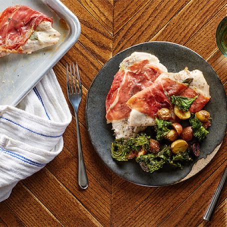 SHEET-PAN CHICKEN SALTIMBOCCA WITH ROASTED POTATOES AND CRISPY KALE