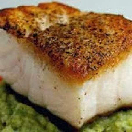Grilled Sea Bass with Roasted Red Pepper Sauce and Broccoli Puree