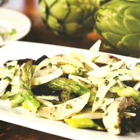 Grilled Artichokes with Asparagus, Fennel, and Parmesan in Lemon Vinaigrette